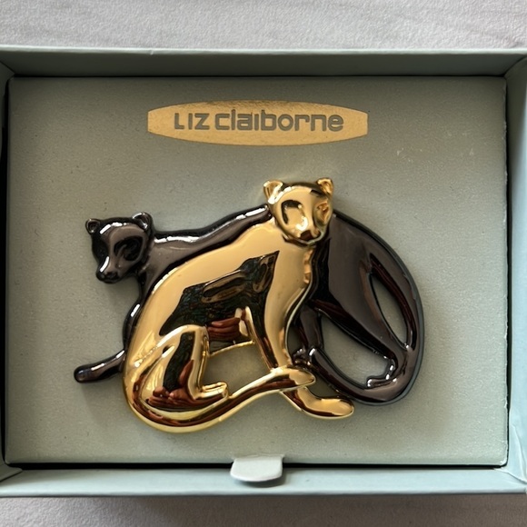 Vintage Liz Claiborne Brown Black Panther Cat Brooch Signed LC - Picture 2 of 4